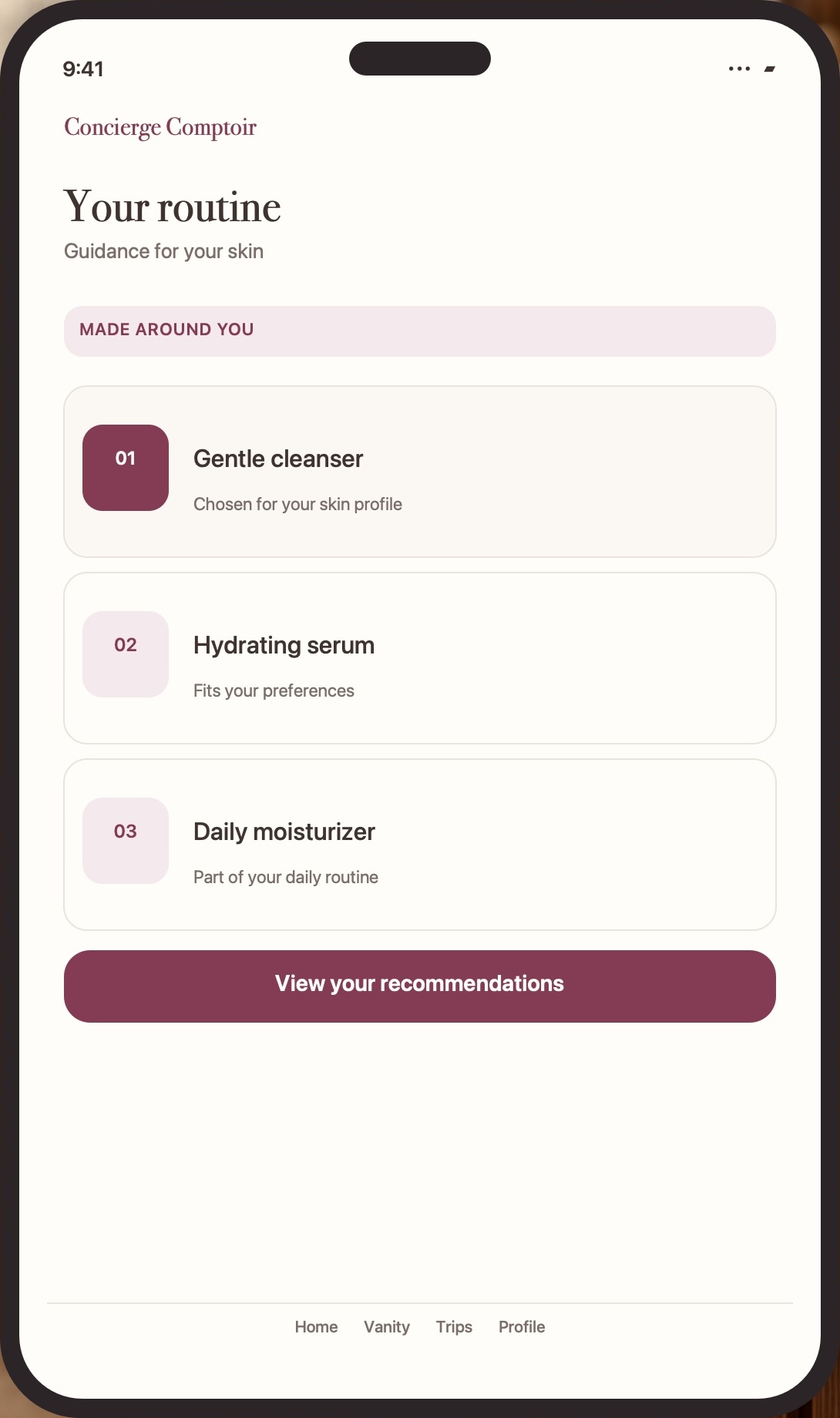 Concierge Comptoir shown on a phone, displaying a personal skincare routine