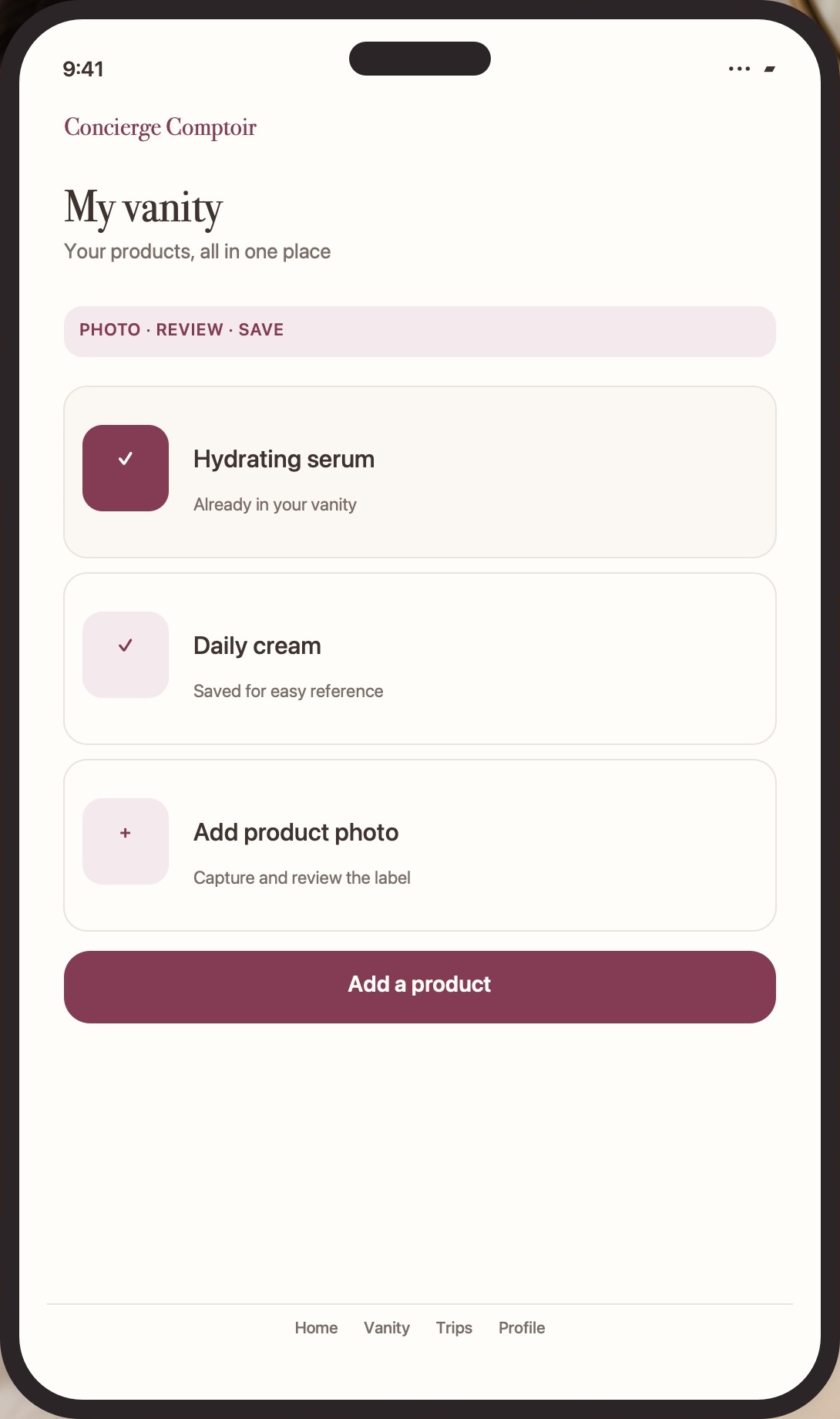 Phone screen showing a personal vanity with saved skincare products