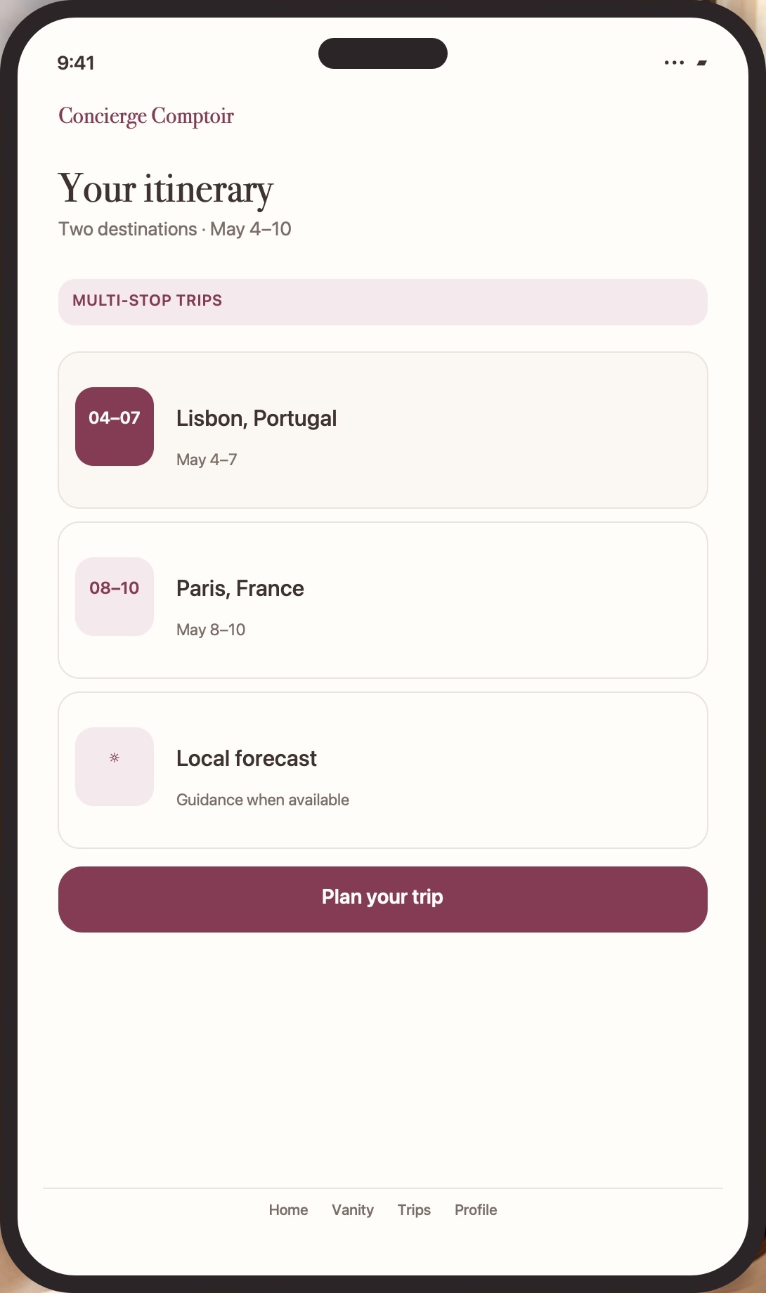 Phone screen showing a two-destination travel itinerary