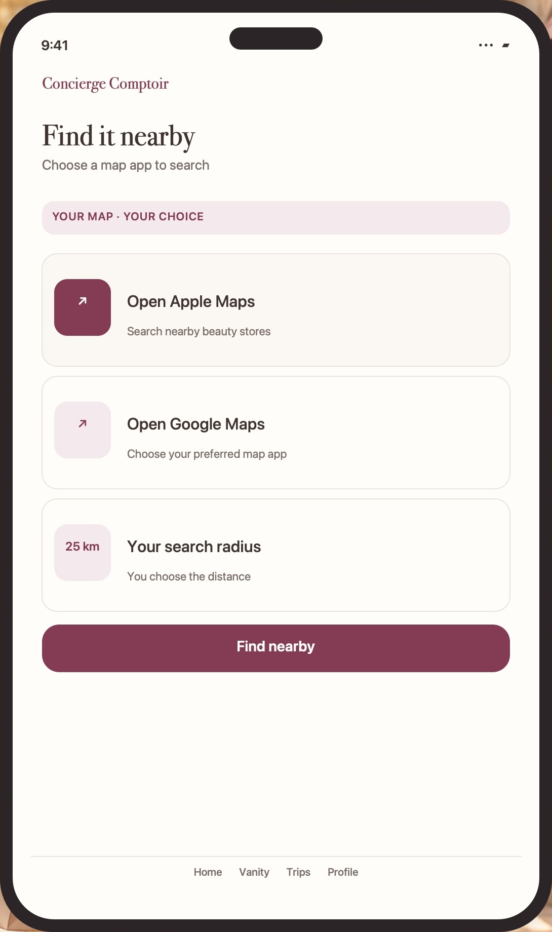 Phone screen showing nearby beauty-store map options and a chosen search radius